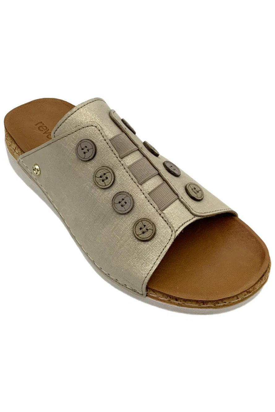 Revere Women's Leather Button Slide Sandals Antalya Gold Linen - Medium
